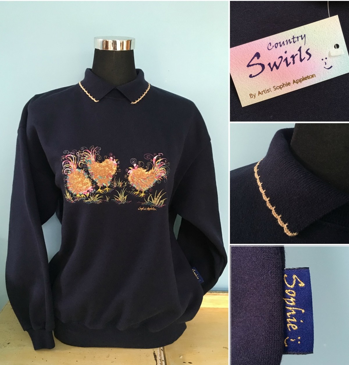 Buy Ladies Sweater with collar, navy, chickens, Size S M L&nbsp;XL