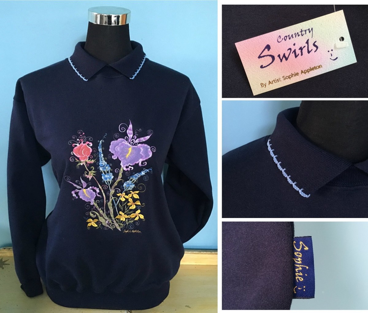 Buy Ladies Sweater with collar, navy, flower bouquet, Size S&nbsp;L