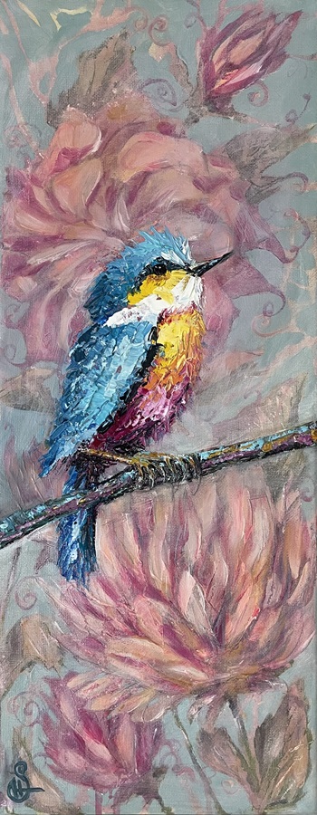 Painting of a kingfisher with pink flowers behind it