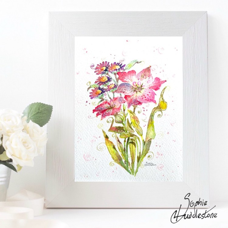 photo of the floral painting, how it would look in a frame, by burbage artist sophie art studio
