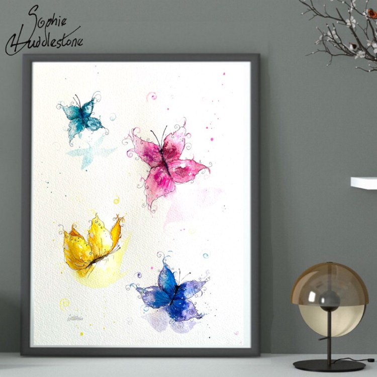 butterfly swirls and shadows painting, how it would look in a frame, by burbage artist sophie huddlestone
