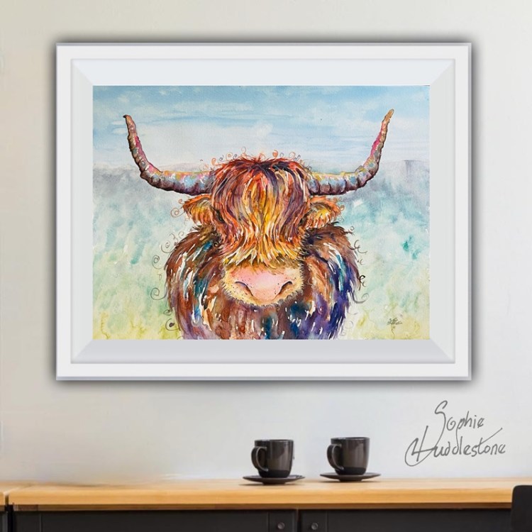 photo of the highland cow painting how it would look in a frame