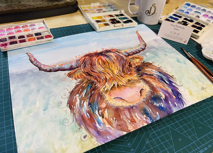photo of the highland cow painting in burbage artist sophie art studio
