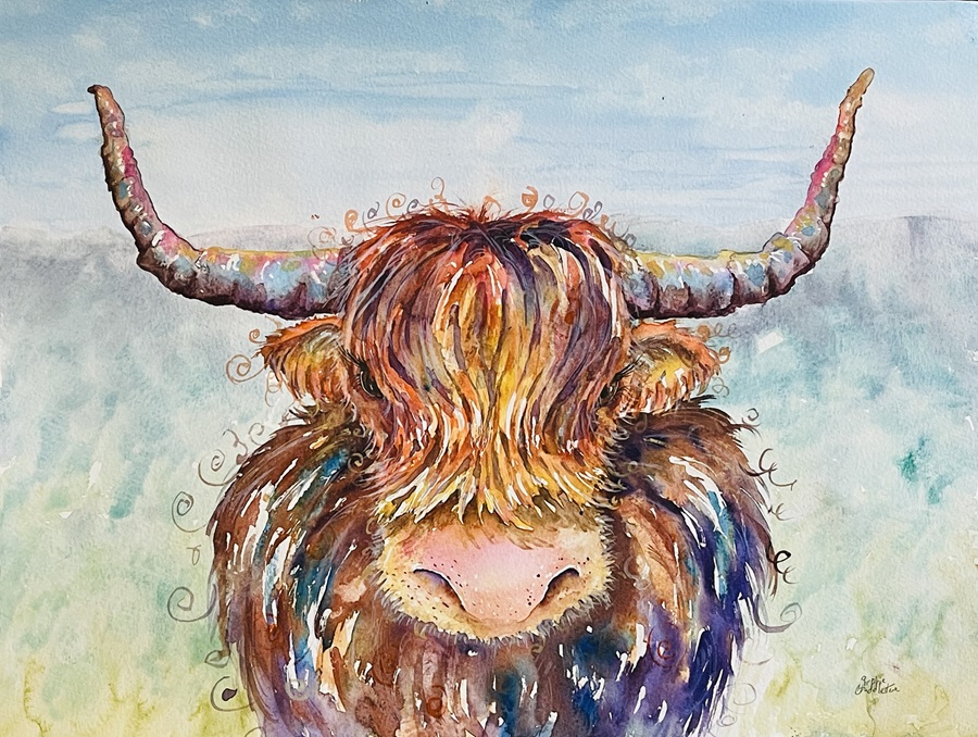 photo of the highland cow painting by burbage artist sophie huddlestone