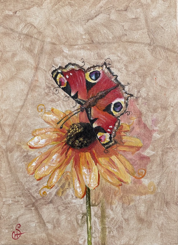 peacock butterfly yellow wall flower canvas oil painting by burbage artist sophie huddlestone