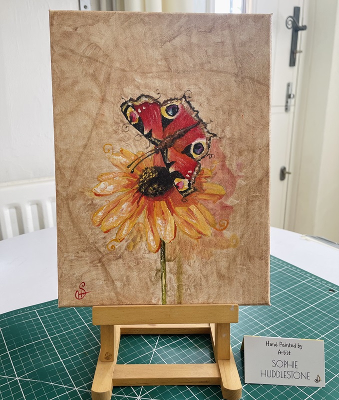 peacock butterfly yellow wall flower canvas oil painting by burbage artist sophie huddlestone