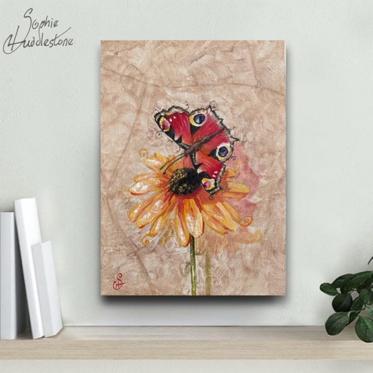 peacock butterfly yellow wall flower canvas oil painting on a wall by burbage artist sophie huddlestone