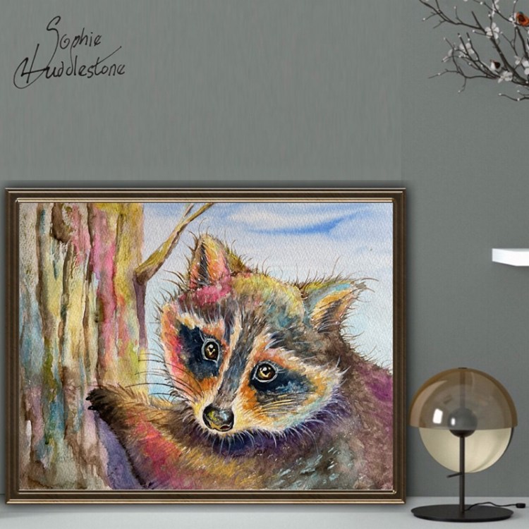 photo of the raccoon painting how it would look in a frame