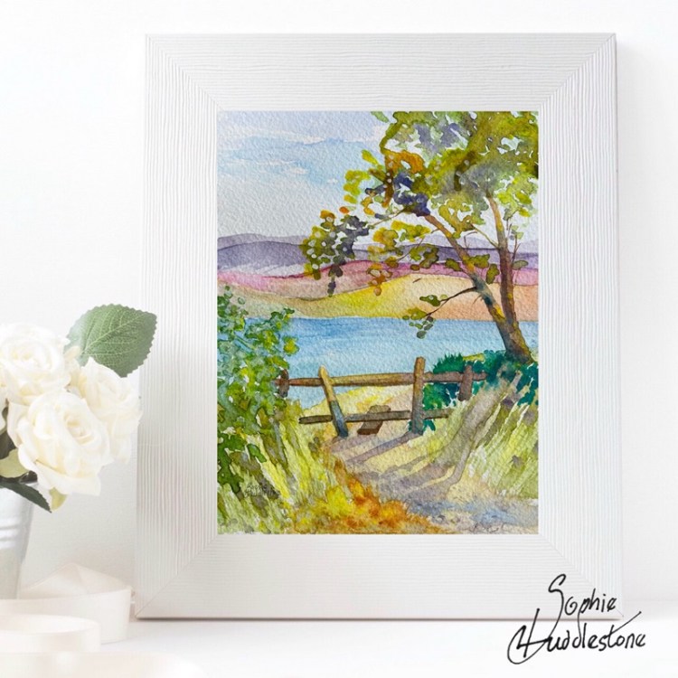 summer lakeside ramble painting, how it would look in a frame. by burbage artist sophie huddlestone