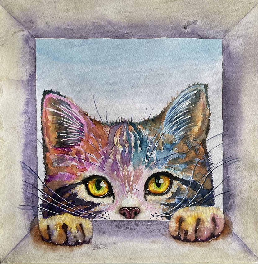tabby cat curiosity box painting by burbage artist sophie huddlestone