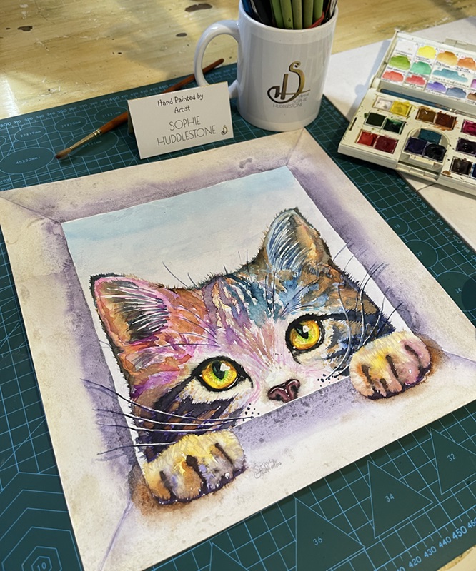 tabby cat curiosity box painting by burbage artist sophie huddlestone