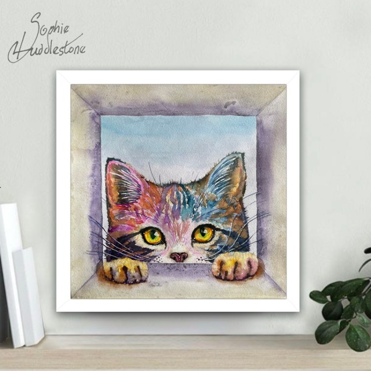 tabby cat curiosity box painting, how it would look in a frame, by burbage artist sophie huddlestone