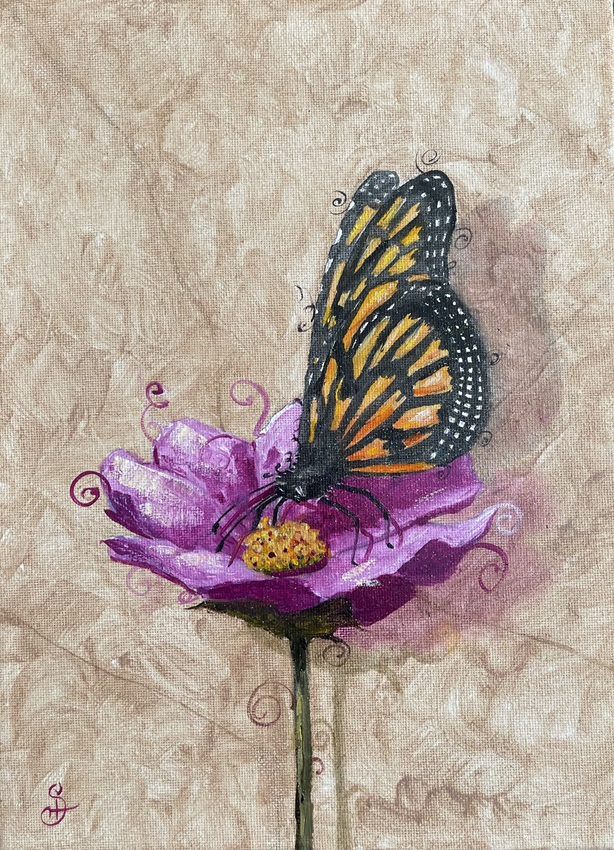 yellow butterfly crimson wall flower canvas painting by burbage artist sophie huddlestone