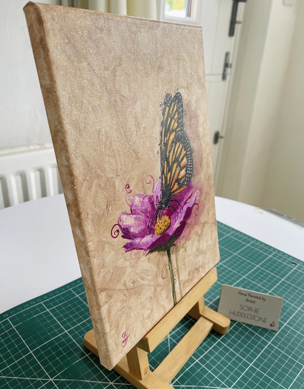 yellow butterfly crimson wall flower canvas painting by burbage artist sophie huddlestone