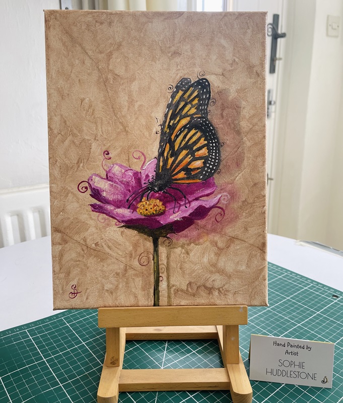 yellow butterfly crimson wall flower canvas painting by burbage artist sophie huddlestone