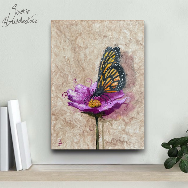 yellow butterfly crimson wall flower oil painting on a wall