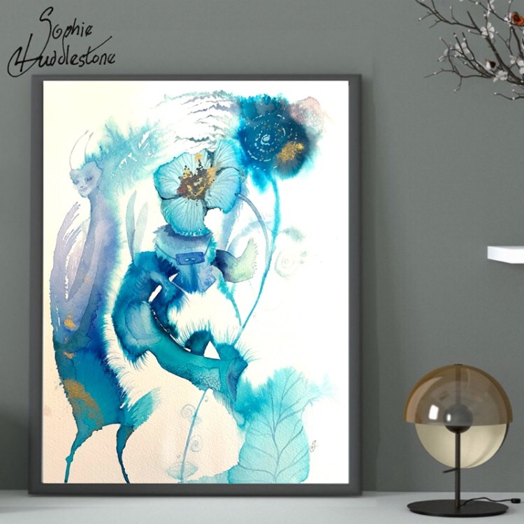 blooming elsewhere painting by sophie huddlestone, how it would look in a frame