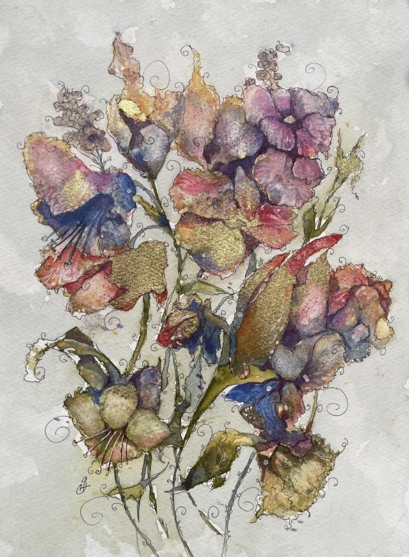 golden floral cluster watercolour by sophie huddlestone
