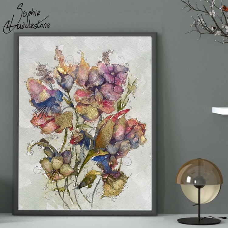 golden floral cluster painting by sophie huddlestone, how it would look in a frame
