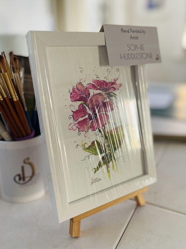 pink geranium painting in a frame