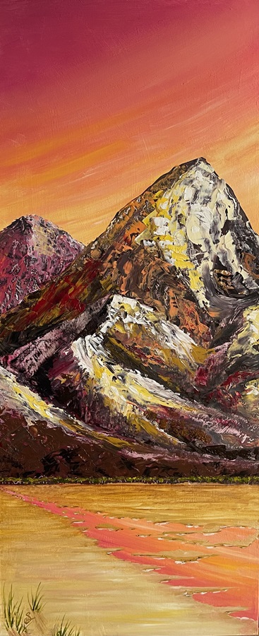 warm sunset mountain canvas oil painting by burbage artist sophie huddlestone