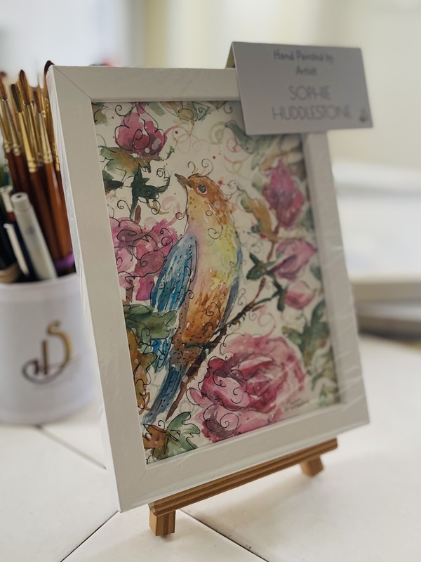 yellow bird roses painting by Sophie Huddlestone