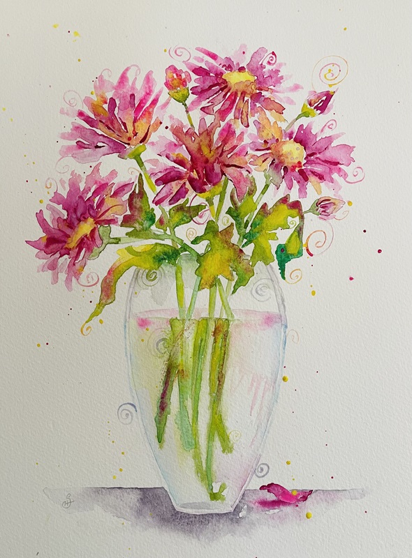 watercolour painting of flowers in a vase, after the bloom, by Burbage artist Sophie Huddlestone