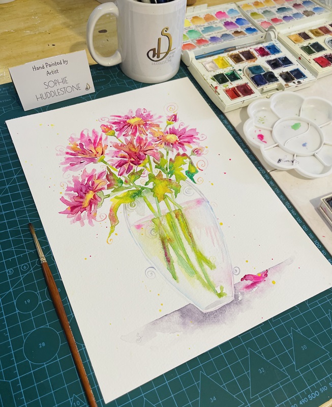 watercolour painting of flowers in a vase, after the bloom, by Burbage artist Sophie Huddlestone