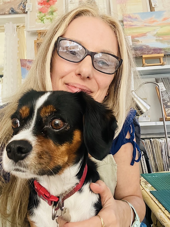 Burbage Artist Swirly Soph, sat at her art studio desk