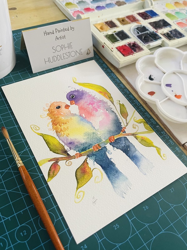 Love birds watercolour painting by Burbage Artist Sophie Huddlestone