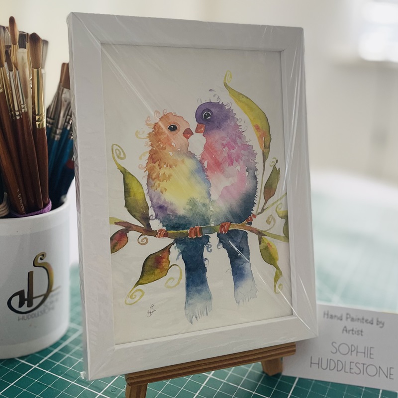Love birds watercolour painting by Burbage Artist Sophie Huddlestone