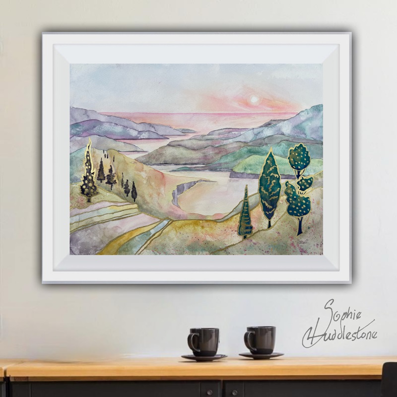 Tranquil times watercolour painting by Burbage Artist Sophie Huddlestone, how it would look in a frame