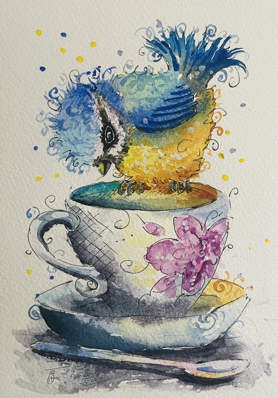 over the teacup blue tit painting by Burbage Artist Sophie Huddlestone