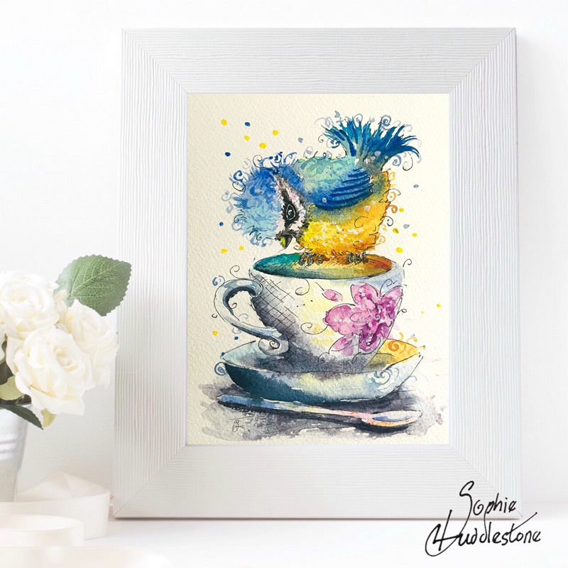 over the teacup blue tit painting by Burbage Artist Sophie Huddlestone