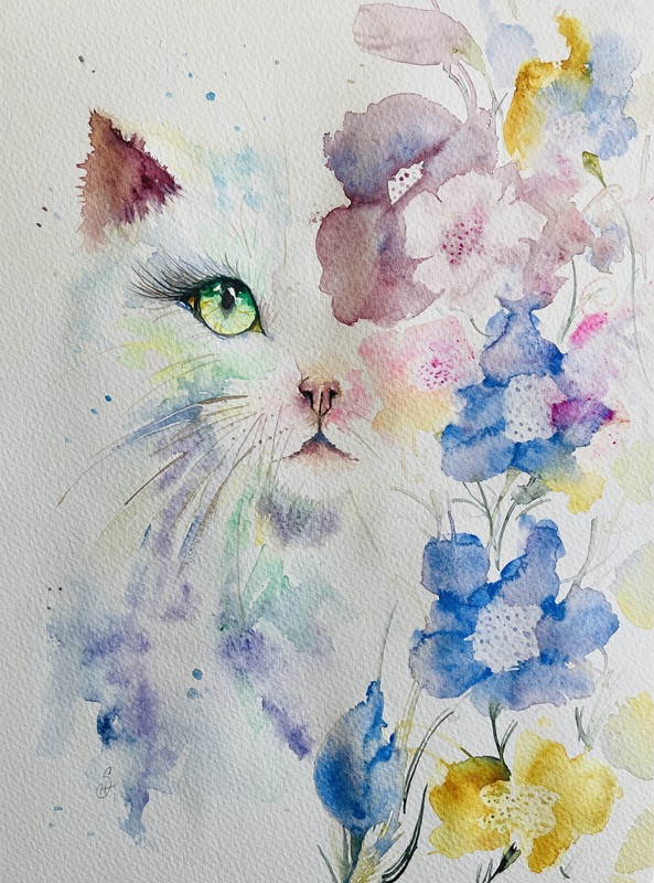 whiskers in the wildflowers, cat painting by Burbage Artist Sophie Huddlestone