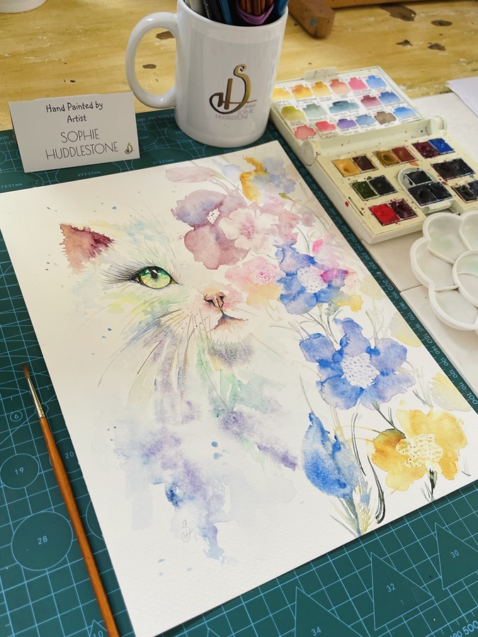 whiskers in the wildflowers, cat painting by Burbage Artist Sophie Huddlestone