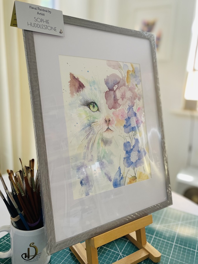 whiskers in the wildflowers, cat painting by Burbage Artist Sophie Huddlestone